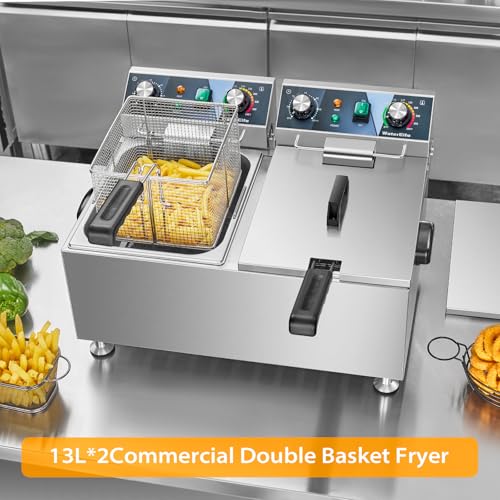 WaterElfo Deep Fryer Commercial Deep Fryers With Basket13Lx2 13.7Qt x 2 Thicken With Precise Temperature Control Timer Double Deep Fryer With 2 Baskets1800Wattsx2 120V Countertop Fryer Restaurant - size: 26L 3600W