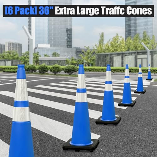 6 Pack 36" Large PVC Traffic Cones with Heavy-Duty Black Base – Durable, Weatherproof Safety Cones for Garage, Parking Lot & Road Construction Use (6, Blue, 36" Extra Large) - color: Blue, size: 36" Extra Large