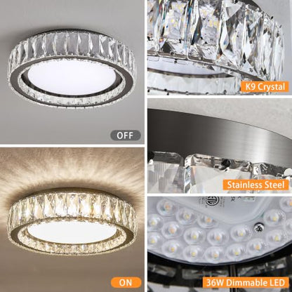 15 Inch LED Dimmable Crystal Flush Mount Ceiling Light Fixture - color: Brushed Black, size: 15 Inch