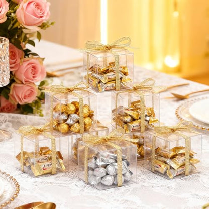 Gabrella 60 Pack Clear Favor Boxes, 2x2x2 Inch Candy Boxes with Ribbons, Small Candy Containers Plastic Gift Box for Macaron, Wedding, Baby Shower, Birthday, Party Favors