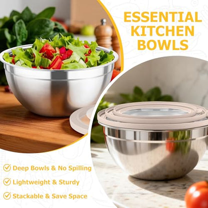 TeamFar Mixing Bowls with Lids, 4.5/3/1.5 QT Stainless Steel Nesting Bowls - color: Khaki