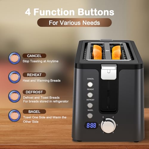 Mecity 4 Slice Toaster, Long Slot Toaster with Timer, Bagel, Defrost, Reheat, Cancel Functions, Warming Rack, Removable Tray, 6 Browning Settings, Extra Wide Slots, Stainless Steel, 1300W - size: 2 Long Slots