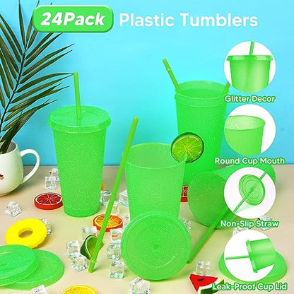 24 Pack Plastic Tumblers With Lids and Straws, Reusable Colorful Cups for Parties, Birthdays, Iced Coffee, Travel Mug, Cold Drinks (24 oz, Green) - color: Green-24pcs