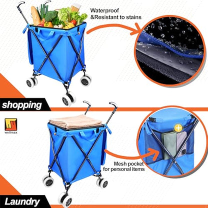 Wellmax Folding Shopping Cart with Canvas Bag & Cover, Holds 120 lb, Blue - color: Blue