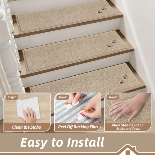 BEQHAUSE Stair Treads Non Slip for Wooden Steps 28" x 9", 15pcs, Beige - color: Beige - Dog Paws, size: 28 in X 9 in (15 Pieces)