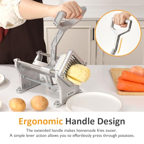 Sunvivi Commercial French Fry Cutter, Heavy Duty Potato Slicer with 3 Replaceable blades (1/2, 3/8 Inch, 6-wedge Slicer), Professional Fries Cutter for Restaurant & Home Kitchen, Stainless Steel - size: Large-Horizontal