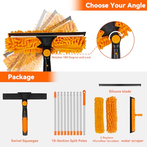 Window Cleaning Tools Window Squeegee: 2 in 1 Double-Sided Professional Cleaner Window Washing Kit with Extension Pole 20+ Ft Duster for High Ceilings Microfiber Scrubber for Indoor Outdoor High Glass - color: Orange