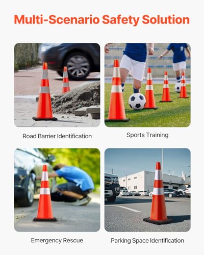 VEVOR Safety Cones, 6 Pack 36" Traffic Cones, PVC Orange Construction Cones with Reflective Collars and Black Weighted Base, for Traffic Control, Driveway Road Parking and School Improvement - size: 36"(6Cones)