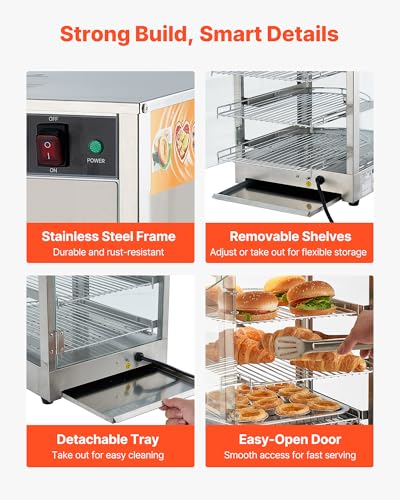 VEVOR 3-Tier Commercial Food Warmer Display, 800W Food Display Warmer with LED Light, Adjustable Shelf and Stainless Steel Frame, 86℉~185℉ Air Heating, 60L for Hamburger, Pizza, Bread, Fried Chicken - size: 3-Tier-42Qt