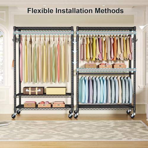 FUTASSI P1 Plus Rolling Clothes Rack, Heavy Duty Portable Closet Wardrobe - color: Black, size: P1 Plus