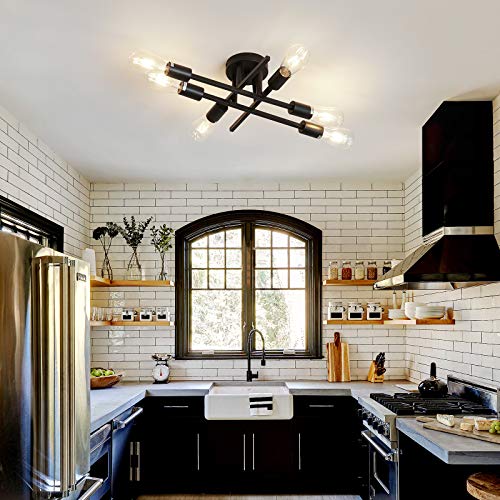 ZGLAOJT 6-Lights Semi Flush Mount Ceiling Light Fixture，Black Industrial Chandelier，Farmhouse Lighting for Dining Room Living Room Kitchen Bedroom - color: Black, size: 6-Light