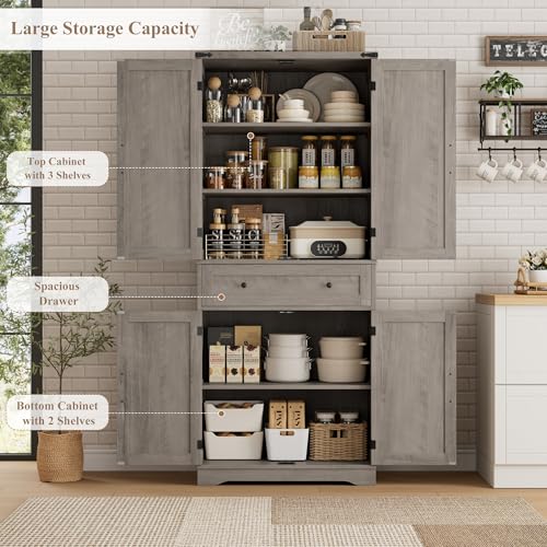 HOSTACK Kitchen Pantry Storage Cabinet, Farmhouse Pantry Cabinet, Ash Gray - color: Ash Gray