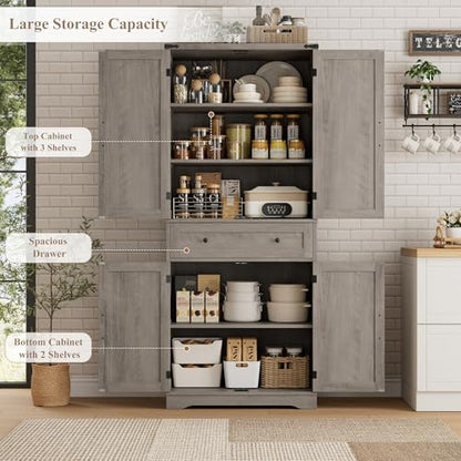 HOSTACK Kitchen Pantry Storage Cabinet, Farmhouse Pantry Cabinet, Ash Gray - color: Ash Gray