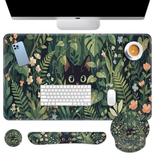 Britimes Keyboard Mouse Pad Set, 4 in 1 Desk Mat Set, Black Cat Cute - color: Cat in the Grass