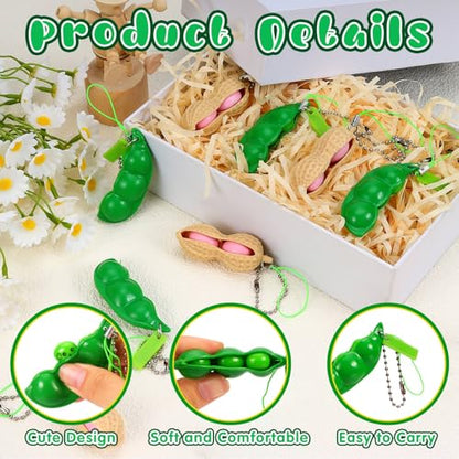 12 PCS Squeeze Bean Peanuts Keychain, Pea Peanut Keychain Fidget Toys, Soybeans Peanuts Sensory Fidget Toys Gifts for Stress Relief, Keyring, Decoration, Party Toys Supplies