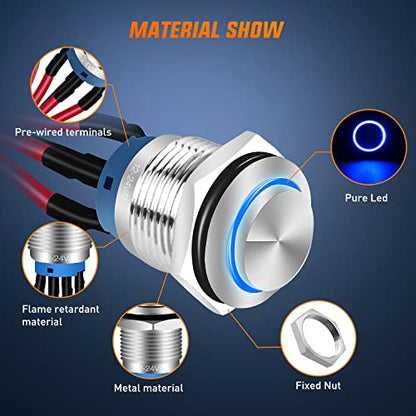 Nilight 19mm Push Button Switch 5 Pack Pre-Wired SPDT 12V 24V Self-Locking - color: 5Pcs 19mm Switch