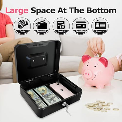 8" Cash Box with Money Tray, Black, Medium - color: Black, size: Medium