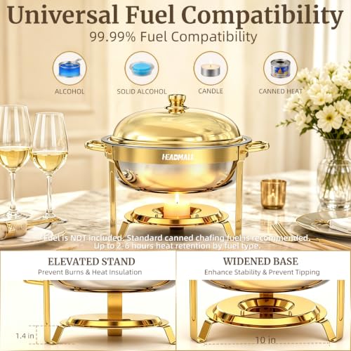 HEADMALL Chafing Dishes for Buffet 4 Pack, 6QT Round Gold Chafing Dish Buffet Set with High Dome Lid, Stainless Steel Food Warmers for Parties, Catering Supplies and Buffet Servers, Safe Rolled Edge - color: Gold