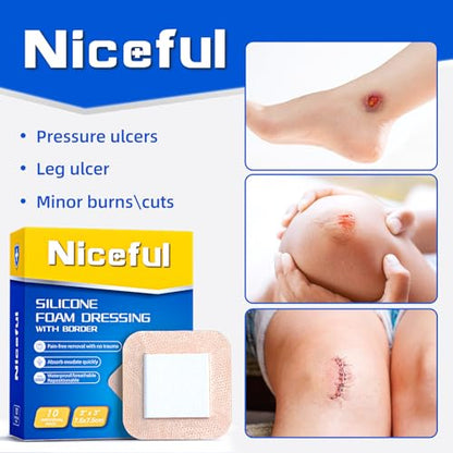 Niceful Ultra Soft Silicone Foam Dressing 3"x3" 10 Pcs, Hypoallergenic - size: Ultra Soft 3"x3"(10Pcs)