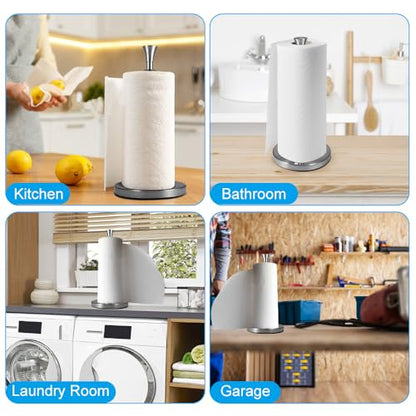 Picowe Stainless Steel Paper Towel Holder, Designed for Easy One-Handed Operation, Sturdy Weighted with Suction Cups Paper Towel Dispenser Countertop, FIt for Standard Paper Towel Rolls