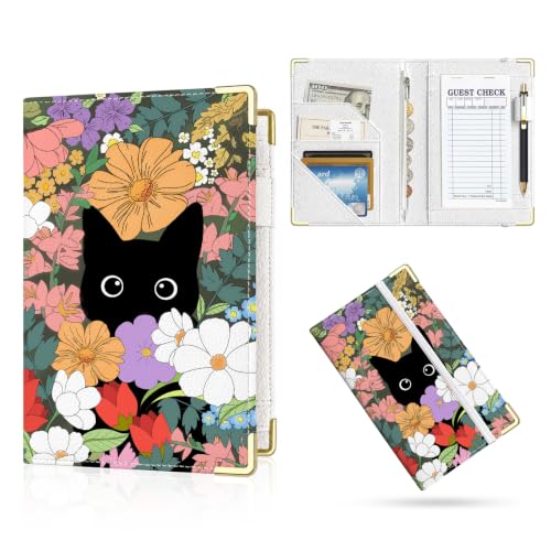 Server Book,7 Pocket Zipper Organizer,Server Books for Waitress - color: Flower Black Cat