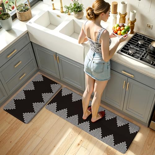 KIMODE Anti Fatigue Kitchen Mats,Black Boho Kitchen Rugs,Standing Desk Mats - color: Black Diamond, size: 17.3" x 47"+17.3" x 29"--0.47 inches