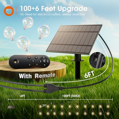 addlon 106FT(100+6) Solar String Lights with Remote, 54 LED G40 Bulbs - size: 100FT
