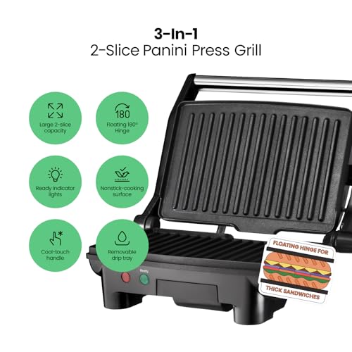 Chefman Electric Panini Press Grill, Compact 2-Slice Sandwich Maker, Non-Stick Coated Plates, Opens 180 Degrees, Dishwasher Safe, Removable Drip Tray, Stainless Steel/Black