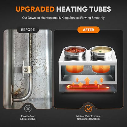 WILPREP Commercial Food Warmer with Two 7.4 QT Inserts, 1500W Countertop Electric Steam Table, 86-185°F Adjustable Temp Control & Over-Temp Protection, Stainless Steel - size: 7L*2