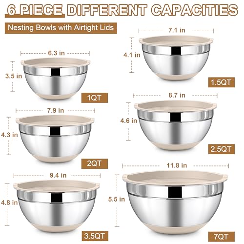 LIANYU 6 Piece Mixing Bowls Set with Airtight Lids, Metal Nesting Bowl - color: Khaki, style: Anchor Base with Airtight Lids