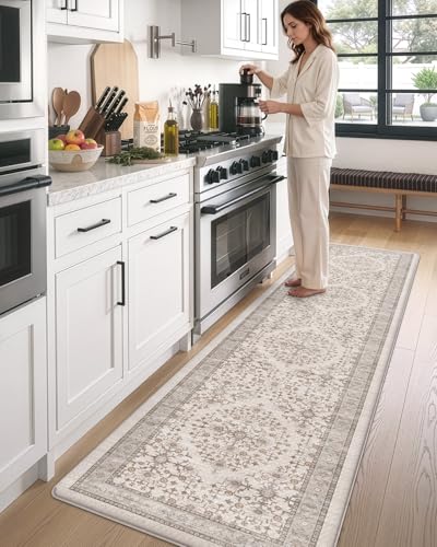 DEXI Kitchen Floor Mats Cushioned Anti Fatigue Runner Rug, 24x107 Long - color: Beige/White, size: 107"L x 24"W x 0.4"Th