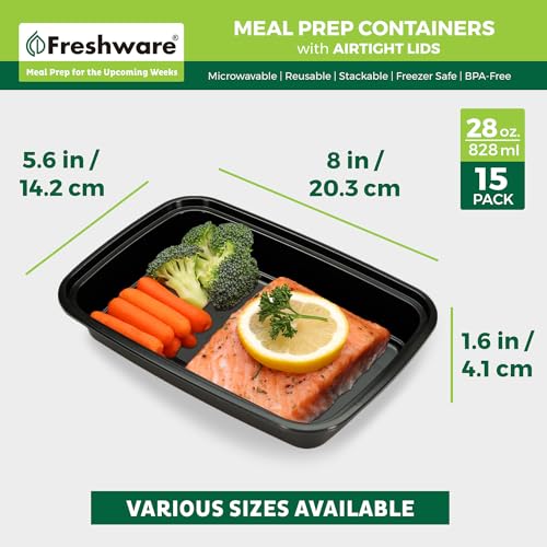 Freshware Meal Prep Containers [15 Pack] 1 Compartment Food Storage Containers with Lids, Bento Box, BPA Free, Stackable, Microwave/Dishwasher/Freezer Safe (28 oz) Black - size: 1-COMP-28OZ-15PK