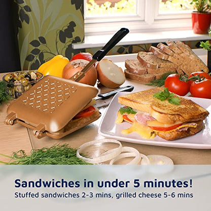 Jean-Patrique Stovetop Panini Grill Press Sandwich Maker, Copper – Ceramic Nonstick Grilled Cheese Maker with Handles - Indoor & Outdoor Double-sided Sandwich Toaster - color: Copper