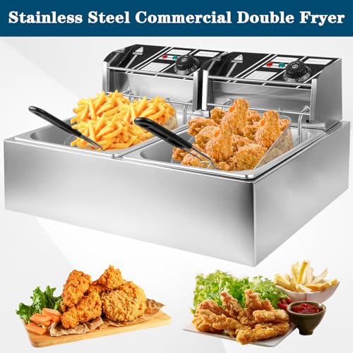20QT Electric Deep Fryer, 2500W Commercial Stainless Steel Double Tank Countertop Fryer with Dual Baskets, Temperature Control for Restaurant, Food Truck & Home Use - size: 20QT