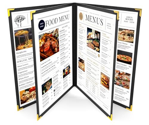 6Pcs Black PVC Clear Menu Cover 8.5x11, 4 Page 8 View - color: black with gold corners, size: 4 Pages - 8.5" x 11"
