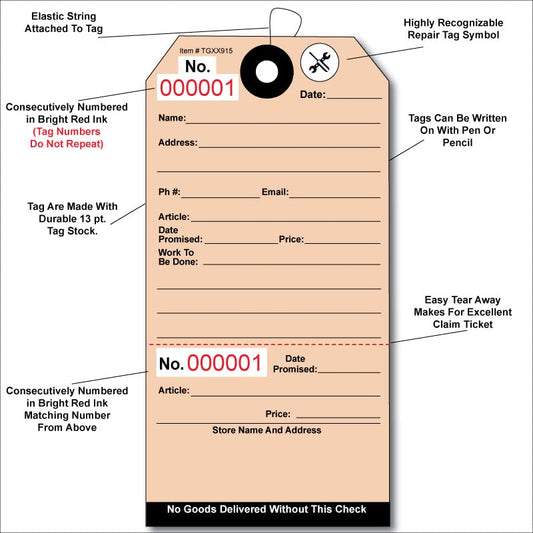 100 Repair Required Tags, Numbered, with Attached Elastic String. Tags are Printed on Durable 13 Point Cardstock with Patch to Prevent Tearing Around Hole. Easy Tear Away Stub. Size: 5.25" x 2.625"