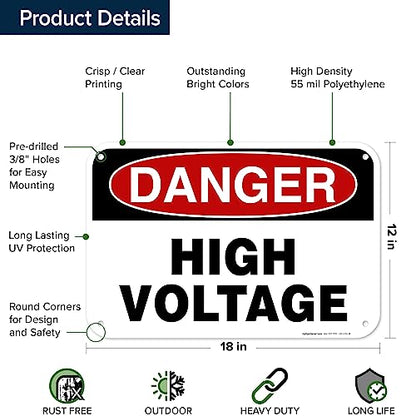 Danger High Voltage Sign, 12x18 Inches, 55 mil thick HDPE (high density - size: 12x18 - Polyethylene