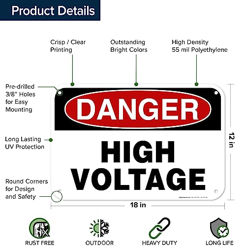 Danger High Voltage Sign, 12x18 Inches, 55 mil thick HDPE (high density - size: 12x18 - Polyethylene