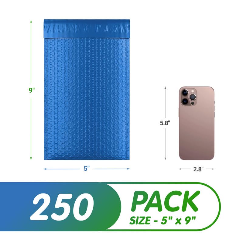 Blue Poly Bubble Mailers 5 x 9 Inch. Pack of 250 Padded Envelopes Waterproof. Self Seal Padded Mailers with Durable Seams. Lightweight Padded Shipping Envelopes for Mailing Fragile Things - color: Light Blue, size: 5" x 9" / 250 Pack
