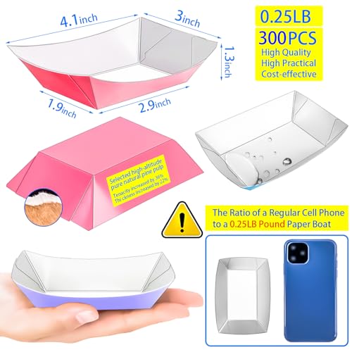 300 Pack Colorful 1/4Lb Paper Food Boat Trays Disposable Small Paper Boats Plates Containers, 0.25Lb Mini Kraft Food Serving Boat Tray Bowl for Snack Fries Dessert Popcorn Sauce BBQ Taco Nacho - style: 0.25LB-300Pack