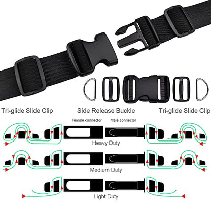 CooBigo 6 Yards Nylon Webbing Strap 6 Pcs Quick Side Release Plastic Buckle 12pcs Tri-glide Slide Clip D Rings (2 Inch set) - color: 2"sets