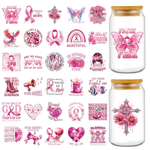 Rngmsi UV DTF Cup Wrap - 30 Sheets Breast Cancer Awareness UV DTF Wraps for 16 oz Glass, Pink Ribbon Hope UVDTF Stickers, Rub on Transfer Decals for Drinking Cups Water Bottles - style: Breast Cancer Awareness