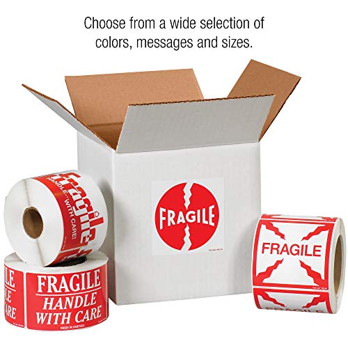 BOX USA BDL1053 Tape Logic Labels, "Fragile - Handle with Care", 2" x 3", Red/White (Pack of 500)