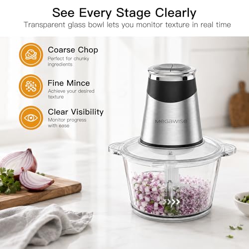 MEGAWISE Electric Food Processor, 800W Meat Grinder & Vegetable Chopper - 2 Bowls (3L Stainless Steel + 3L Glass) with 4 Blades, Dual-Speed Food Chopper for Meat, Fruits, Vegetables, and Nuts