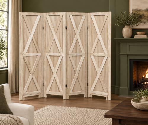 Premium Home 4-Panel Room Divider, Natural Barn Door X-Pattern Screen - color: Natural - X Pattern - 4 Panel