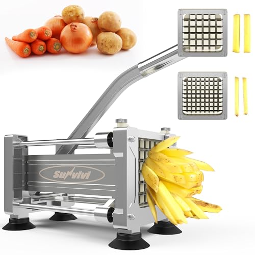 Sunvivi French Fry Cutter Stainless Steel Potato Slicer : with 2 Replaceable blades (1/2 & 3/8 Inch), Professional Fries Cutter for Potatoes, Carrots, Cucumber, Onion, Yam - size: Large-Hand-push