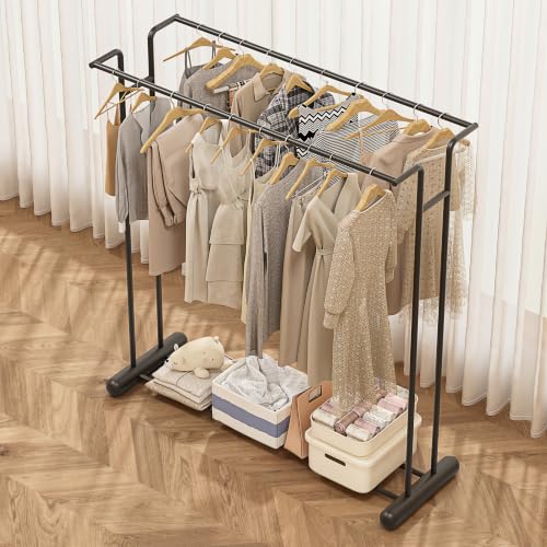 HKaikzo 59.4" Double Rod Metal Garment Rack, Heavy Duty Freestanding Clothing Rack with Bottom Shelf, Modern Sturdy Clothes Rack for Bedroom, Boutique Retail Display & Laundry Room Black - color: Black