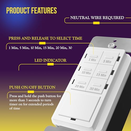ENERLITES Countdown Timer Switch for Bathroom Fans and Lights, 1-30 Min, Neutral Wire Required, UL Listed, White - color: White, size: 30 Min