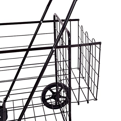 S AFSTAR Folding Shopping Cart, Metal Grocery Cart w/Extra Basket & 360° Swivel Wheels & Non-Slip Handle, Heavy Duty Utility Cart for Grocery Laundry Book Luggage (Black) - color: Black