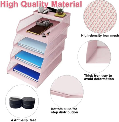 Natwind 4-Tier Stackable Metal Mesh Desk Paper Tray Organizer,Pink - color: Pink, size: 4 tier